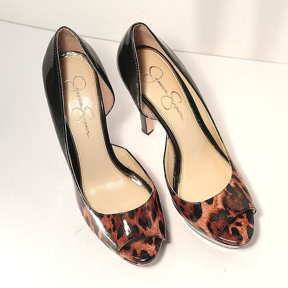 Jessica Simpson Martella 10 Med. Black & leopard print stiletto platform heels